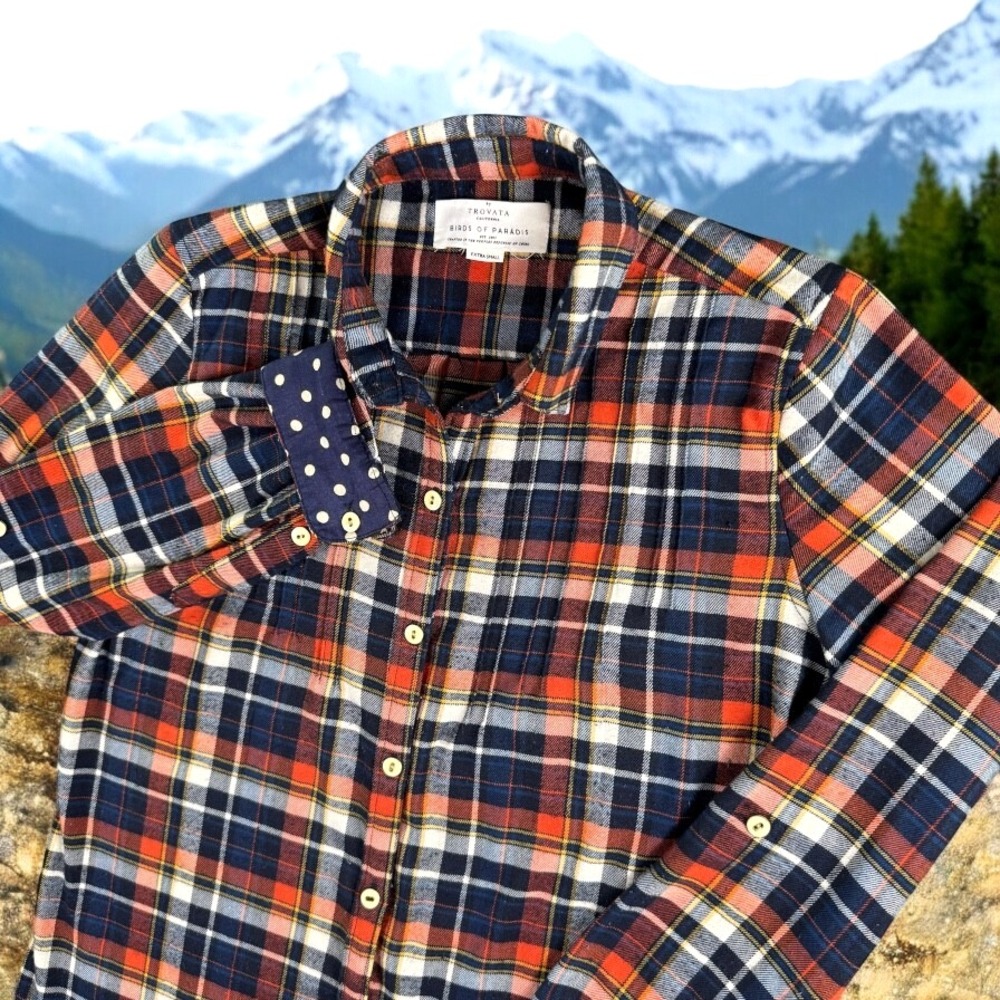 Trovata Birds of Paradis Shirt Women XS Flannel Flip Cuff Roll Tab Prairie Pleat